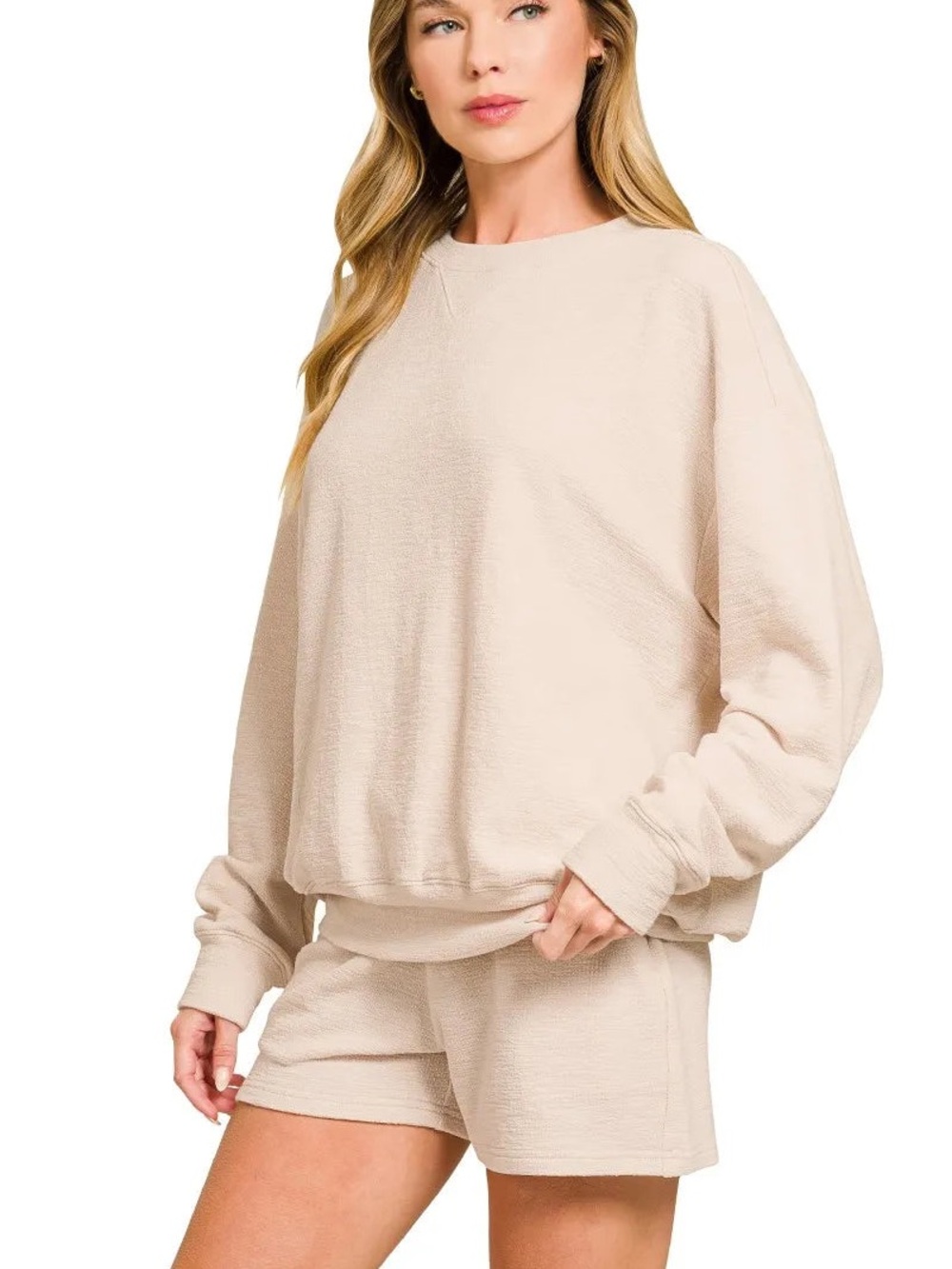 Zenana Slub Long Sleeve Top and Shorts Set Taupe NWT Size 1X